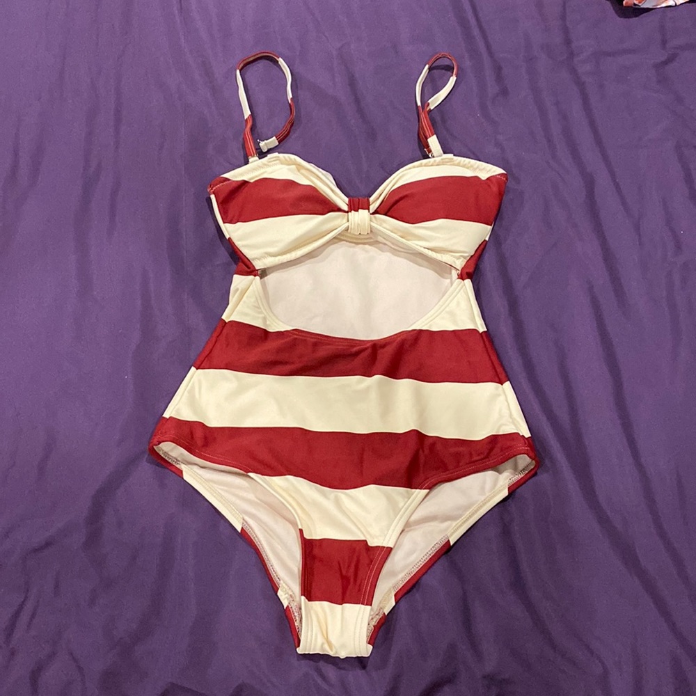 Unique vintage beige and red striped one piece bathing suit